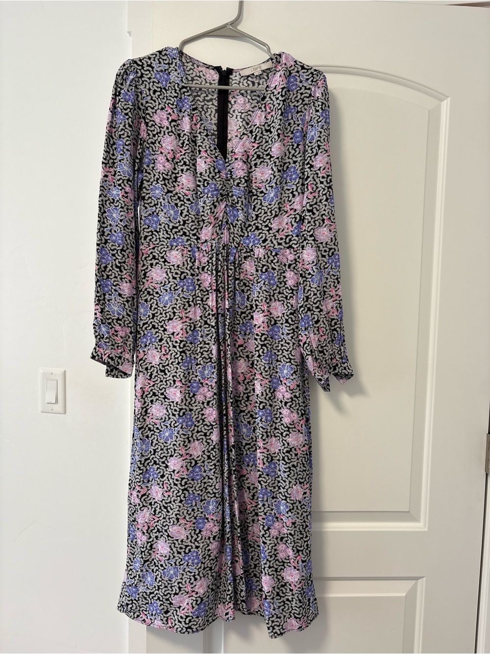 LOFT Black Long-Sleeve Floral Midi Dress with Pink & Purple Blooms